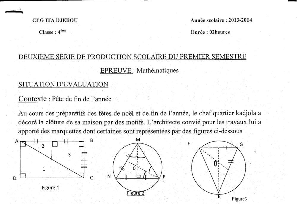 Aperçu de la première page — 4e Mathématiques 2ème Devoir 1er Semestre CEG Ita Djebou 2013 2014
