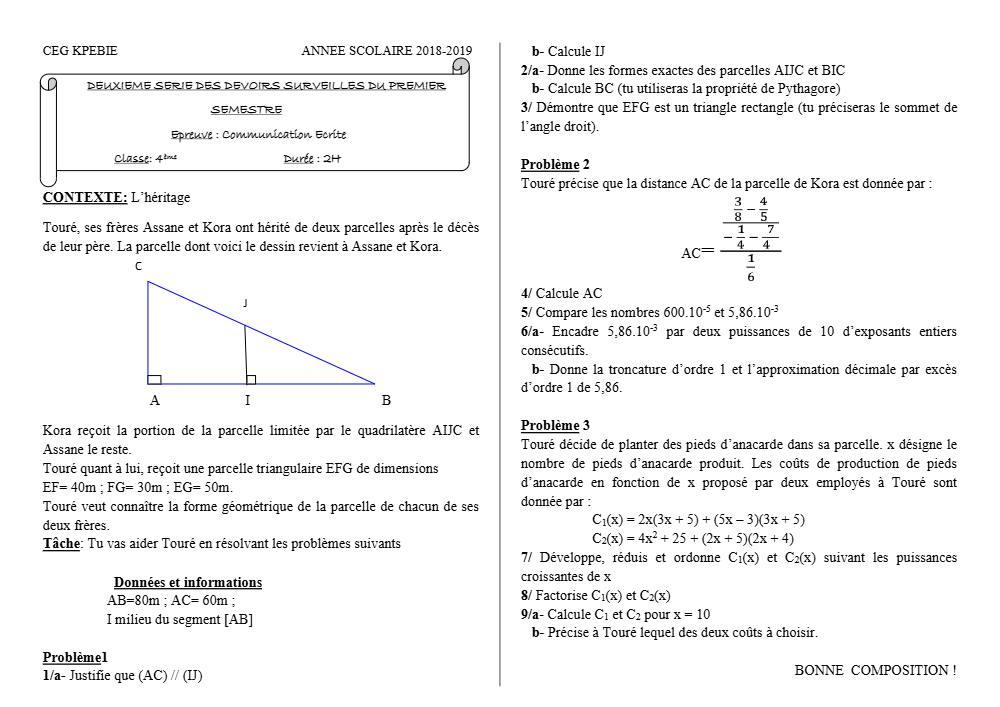 Aperçu de la première page — 4e Mathématiques 2ème Devoir 1er Semestre CEG Kpebie 2018 2019