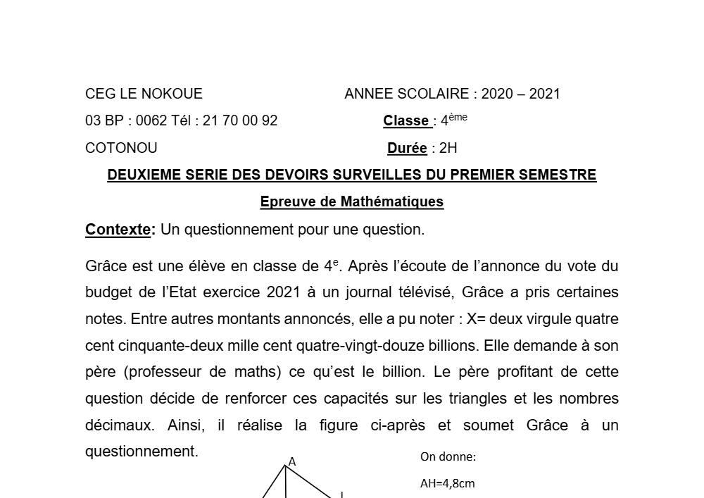 Aperçu de la première page — 4e Mathématiques 2ème Devoir 1er Semestre CEG Le Nokoué 2020 2021