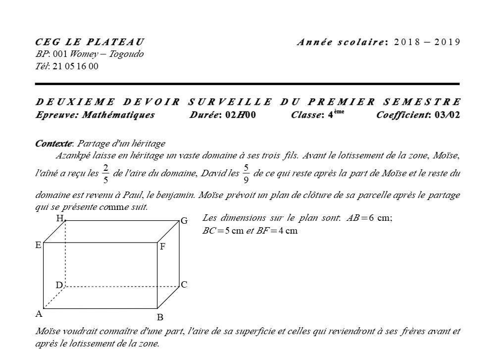 Aperçu de la première page — 4e Mathématiques 2ème Devoir 1er Semestre CEG Le Plateau 2018 2019