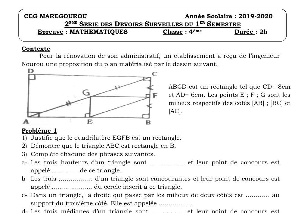 Aperçu de la première page — 4e Mathématiques 2ème Devoir 1er Semestre CEG Maregourou 2019 2020