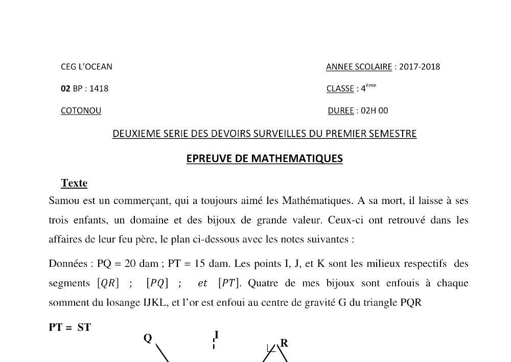 Aperçu de la première page — 4e Mathématiques 2ème Devoir 1er Semestre CEG Ocean 2017 2018