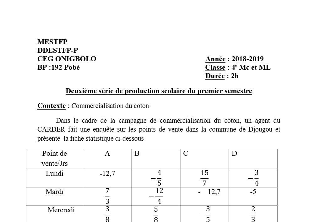 Aperçu de la première page — 4e Mathématiques 2ème Devoir 1er Semestre CEG Onigbolo 2018 2019