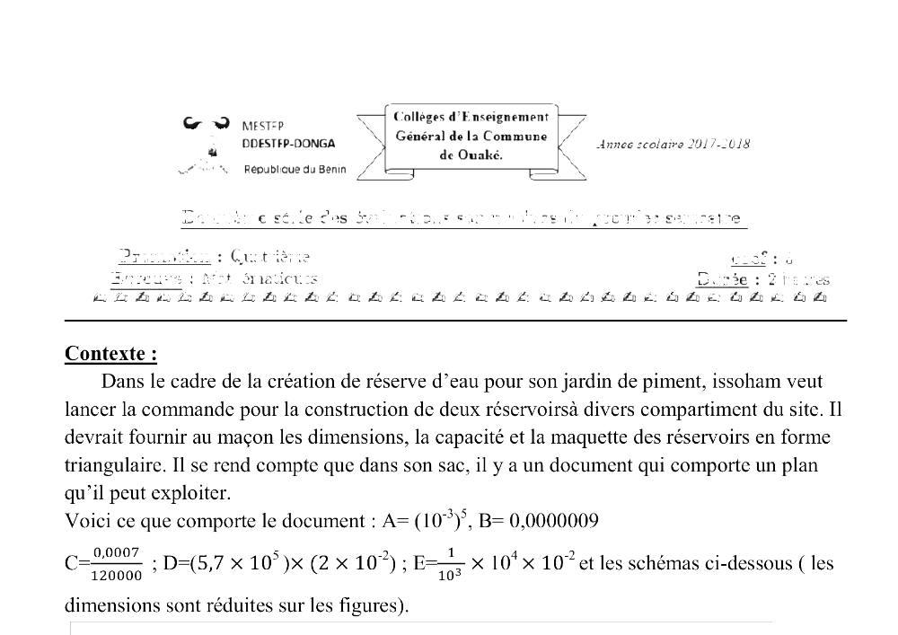 Aperçu de la première page — 4e Mathématiques 2ème Devoir 1er Semestre CEG Ouake 2017 2018