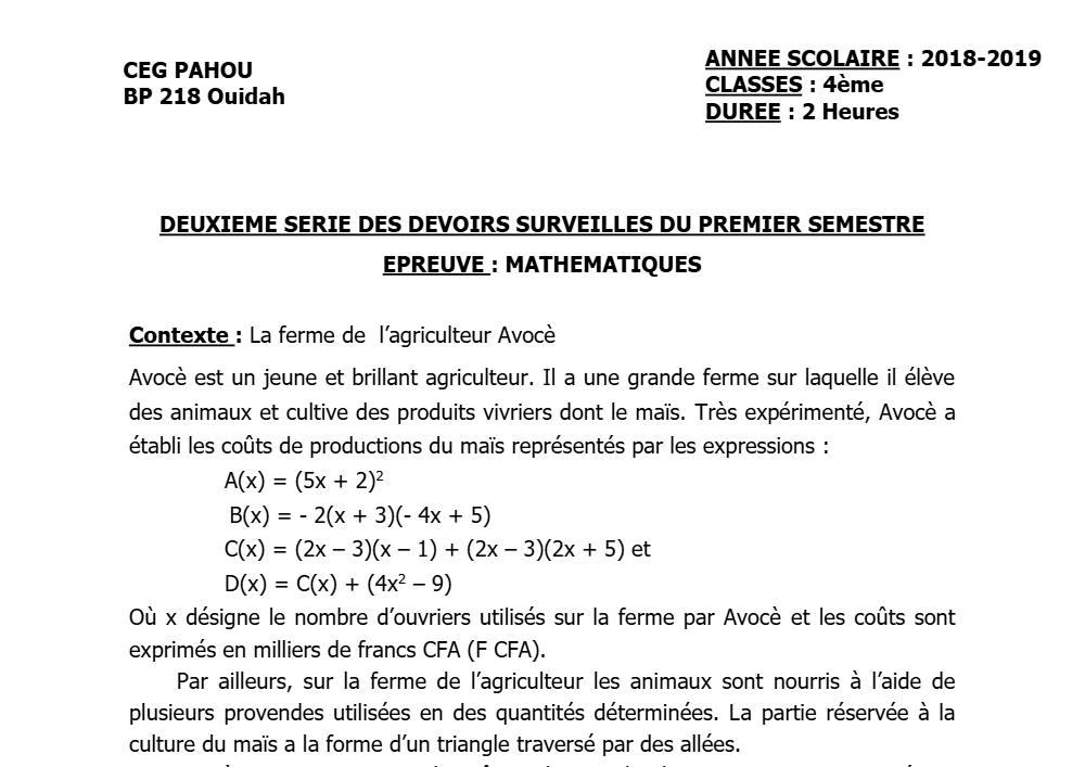 Aperçu de la première page — 4e Mathématiques 2ème Devoir 1er Semestre CEG Pahou 2018 2019