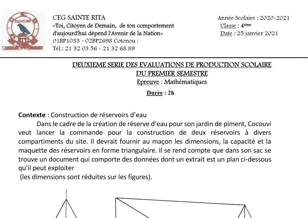 Aperçu de la première page — 4e Mathématiques 2ème Devoir 1er Semestre CEG Sainte Rita 2020 2021