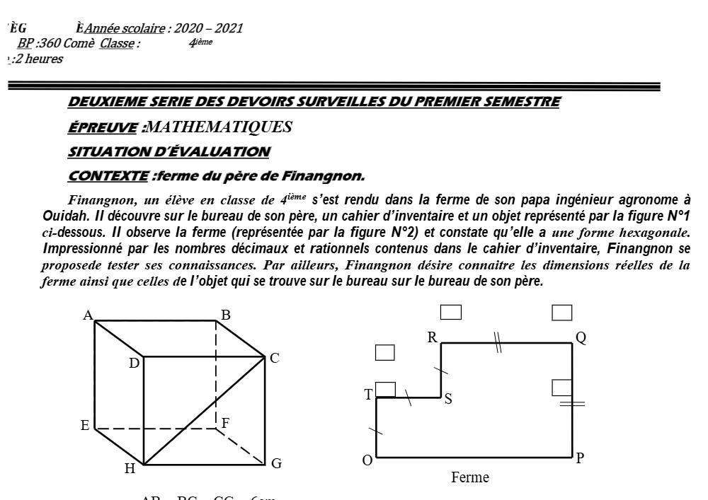 Aperçu de la première page — 4e Mathématiques 2ème Devoir 1er Semestre CEG Segbohoue 2020 2021