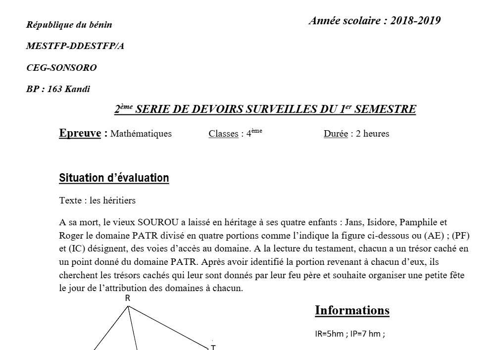 Aperçu de la première page — 4e Mathématiques 2ème Devoir 1er Semestre CEG Sonsoro 2018 2019