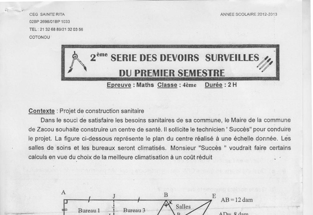 Aperçu de la première page — 4e Mathématiques 2ème Devoir 1er Semestre CEG Ste Rita 2012 2013
