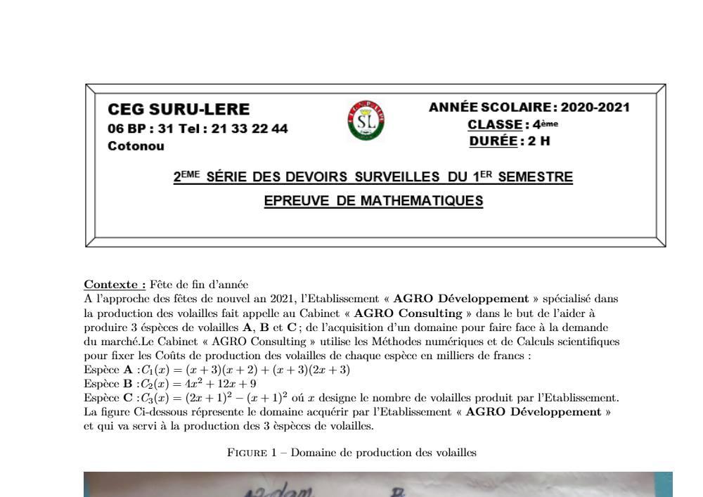 Aperçu de la première page — 4e Mathématiques 2ème Devoir 1er Semestre CEG Suru Léré 2020 2021