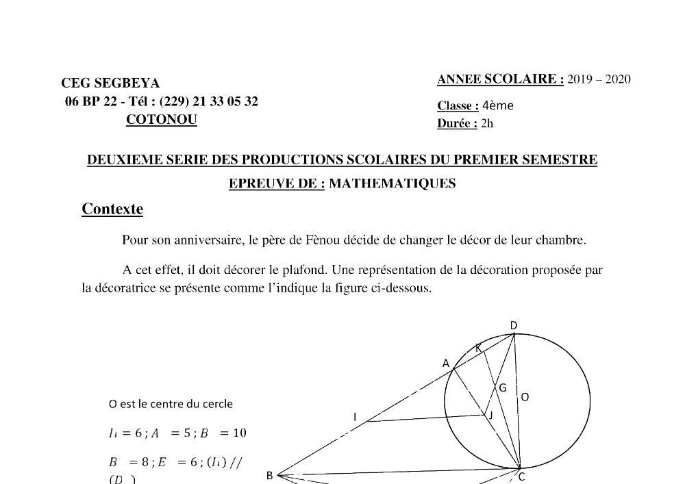 Aperçu de la première page — 4e Mathématiques 2ème Devoir 1er Semestre CEG Ségbéya 2019 2020