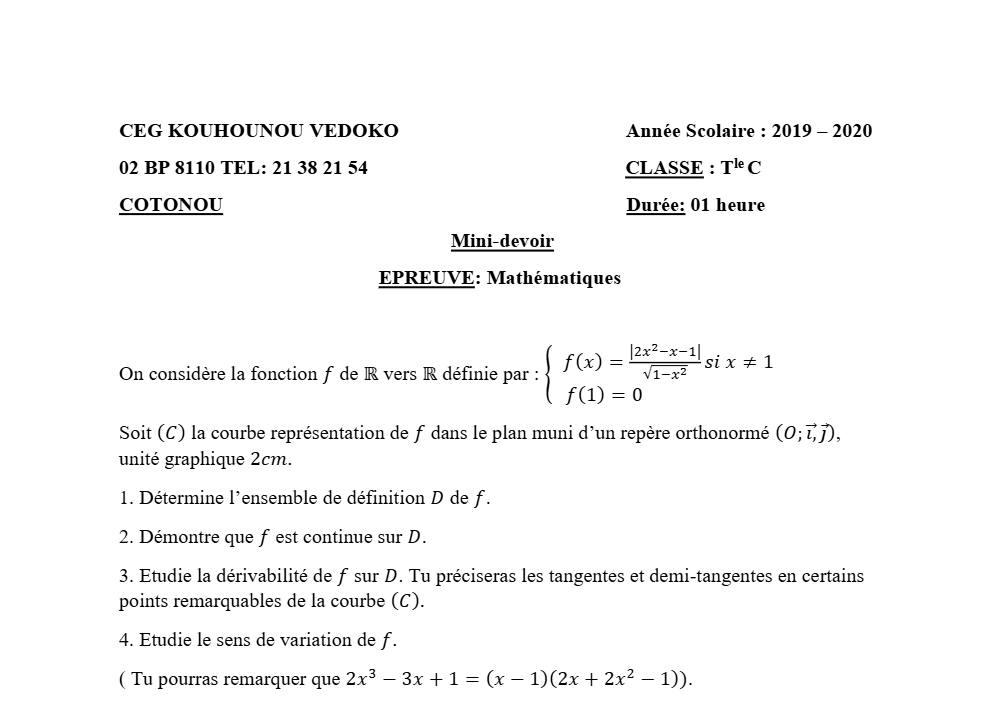 Aperçu de la première page — Mathématiques Tle C Mini Devoir Semestre 2 CEG Kouhounou Védoko 2019 2020