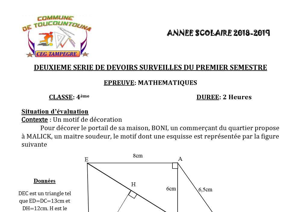 Aperçu de la première page — 4e Mathématiques 2ème Devoir 1er Semestre CEG Tampegre 2018 2019