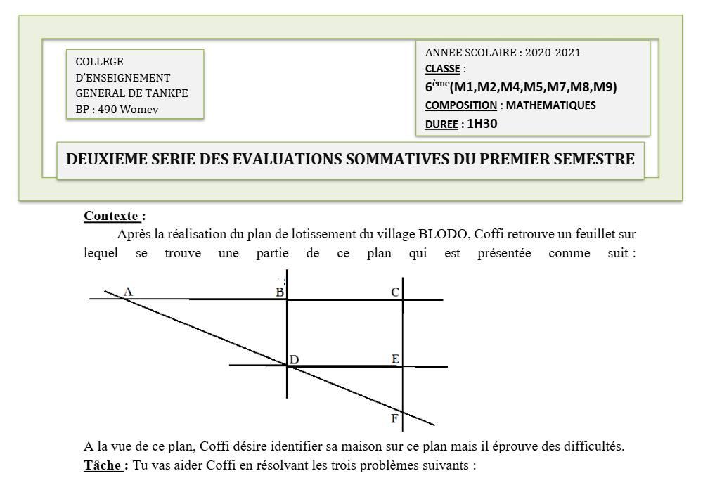 Aperçu de la première page — Mathématiques Toutes classes Devoir Surveillé (Janvier 2021) 2020 2021
