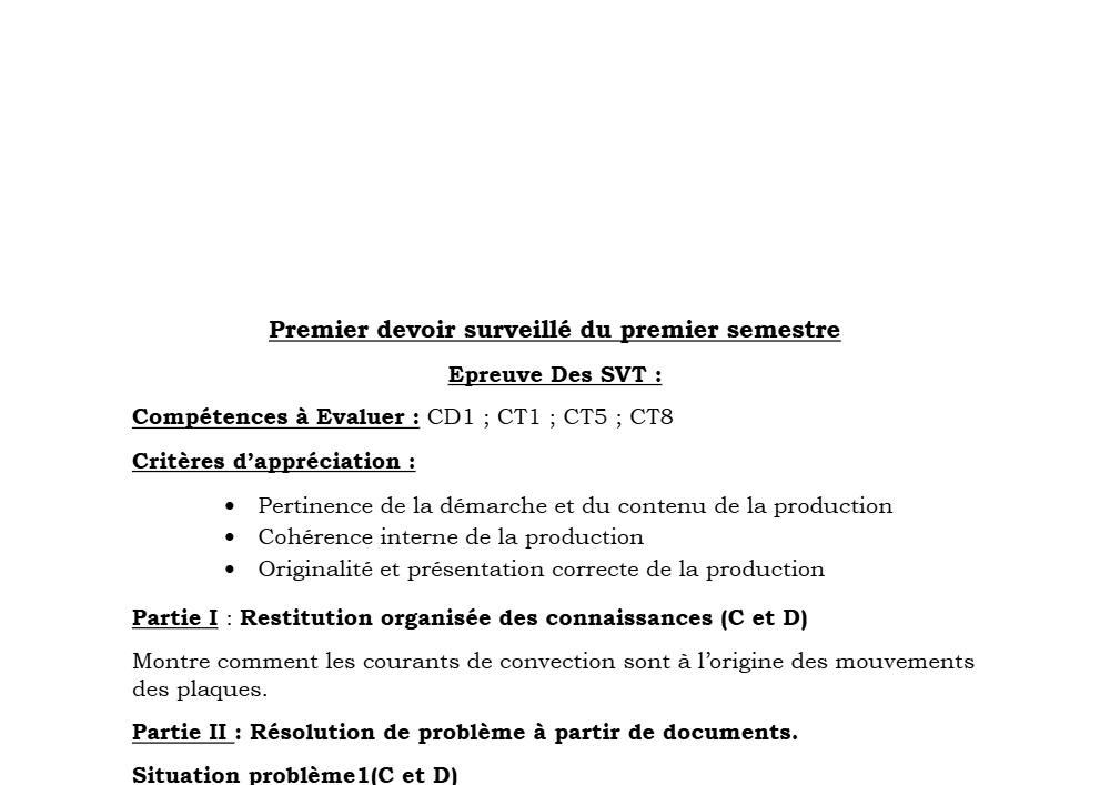 Aperçu de la première page — SVT 1ère C D Devoir 1 Semestre 1 2019 2020