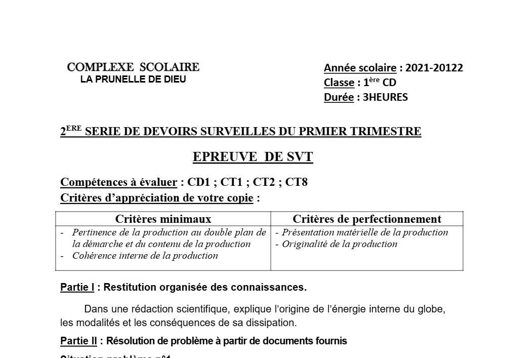 Aperçu de la première page — SVT 1ère C D Devoir 2 Trimestre 1 CS La Prunelle de Dieu 2021 2022