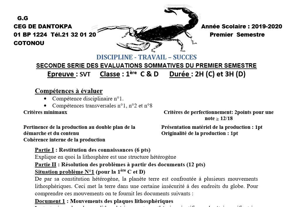 Aperçu de la première page — SVT 1ère C D Évaluation 2 Semestre 1 2019 2020