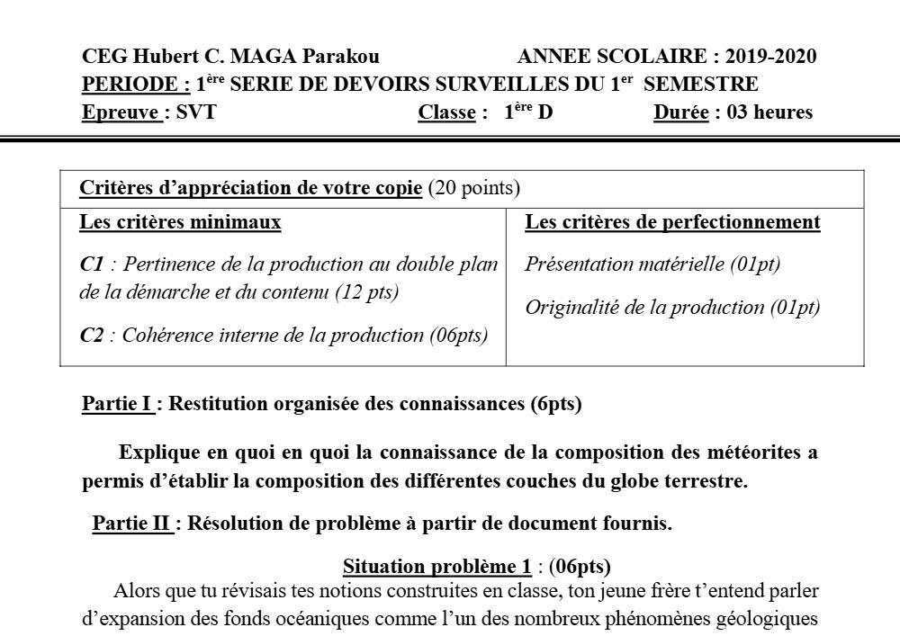 Aperçu de la première page — SVT 1ère D Devoir 1 Semestre 1 CEG Hubert Maga (Parakou) 2019 2020