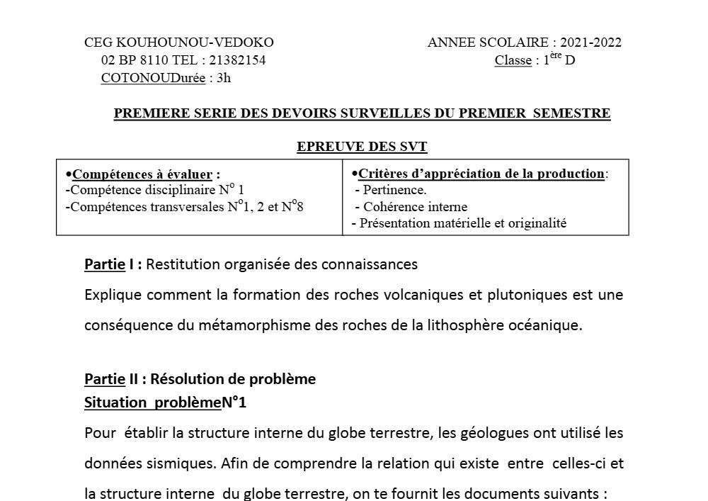 Aperçu de la première page — SVT 1ère D Devoir 1 Semestre 1 CEG Kouhounou Védoko (Cotonou) 2021 2022