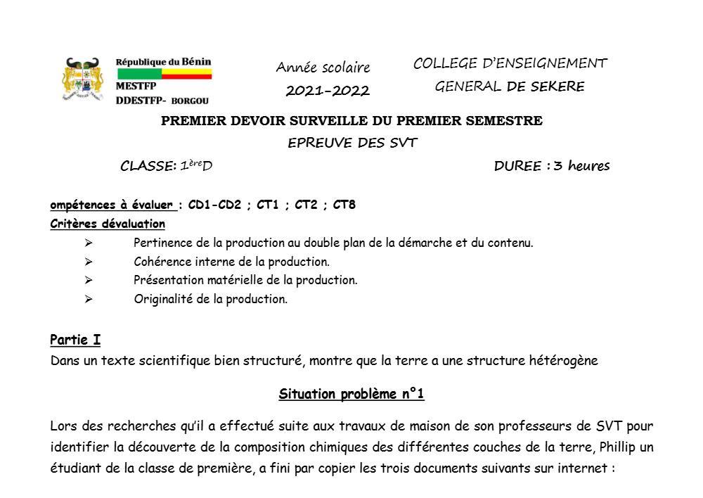 Aperçu de la première page — SVT 1ère D Devoir 1 Semestre 1 CEG Sékéré (Borgou) 2021 2022