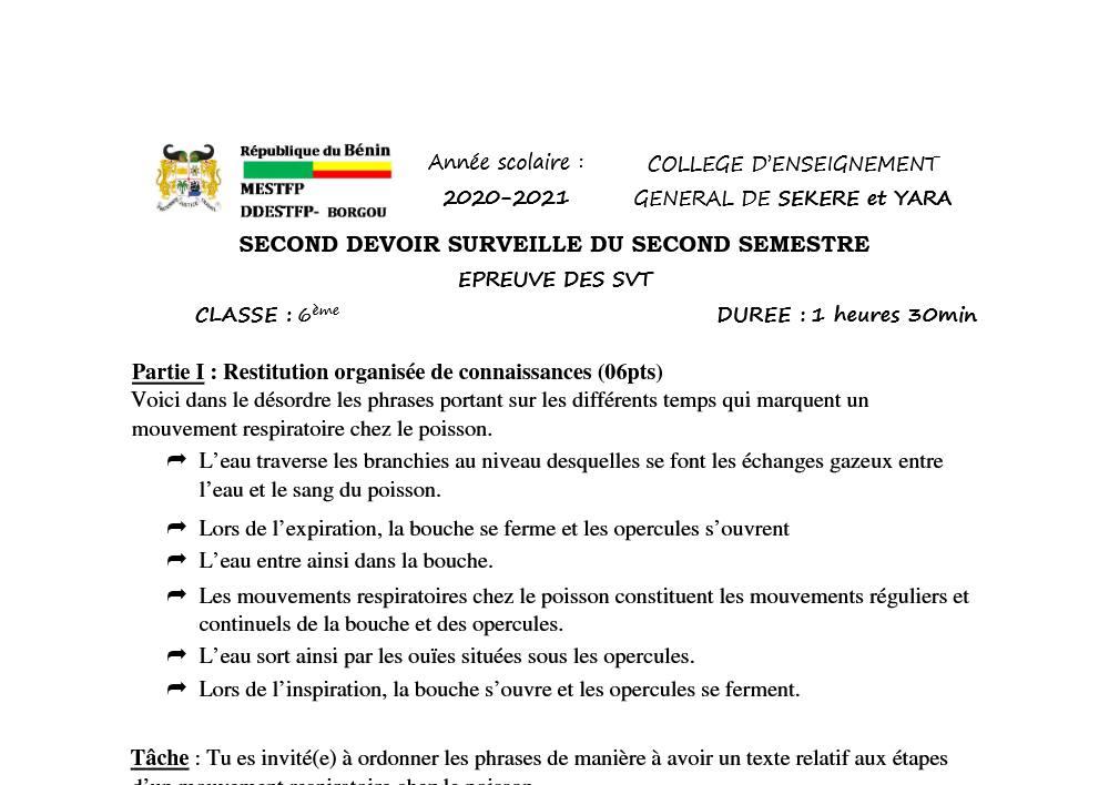 Aperçu de la première page — 6eme - 2ème Devoir du 2eme Semestre - SVT Sekere