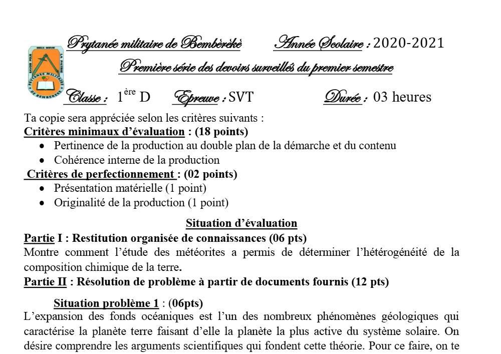 Aperçu de la première page — SVT 1ère D Devoir 1 Semestre 1 Prytanée Militaire (Bembèrèkè) 2020 2021