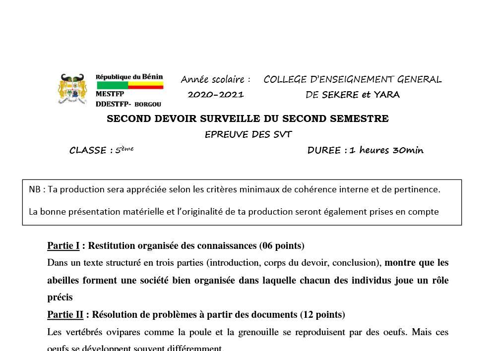 Aperçu de la première page — 5eme - 2eme devoir du 2eme Semestre - SVT SEKERE