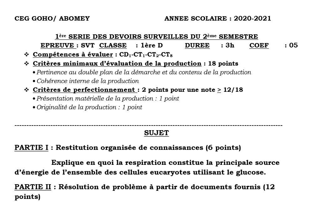 Aperçu de la première page — SVT 1ère D Devoir 1 Semestre 2 CEG Goho (Abomey) 2020 2021