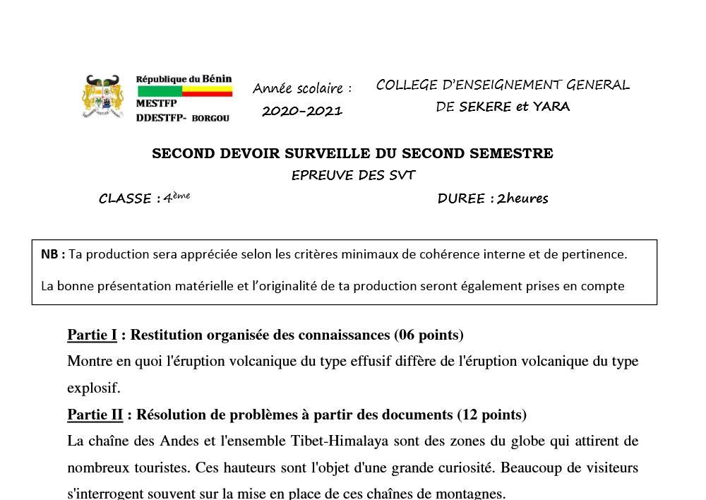 Aperçu de la première page — 4eme - 2eme devoir du 2eme Semestre - SVT Sekere