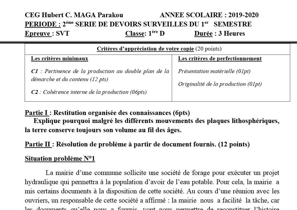 Aperçu de la première page — SVT 1ère D Devoir 2 Semestre 1 CEG Hubert Maga (Parakou) 2019 2020