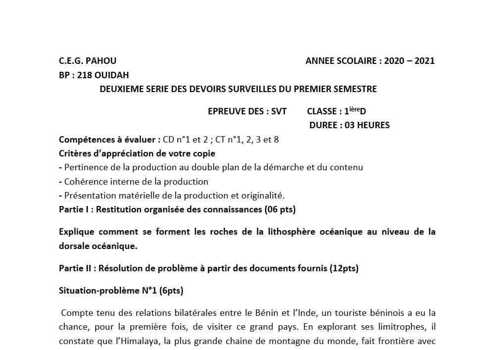 Aperçu de la première page — SVT 1ère D Devoir 2 Semestre 1 CEG Pahou (Ouidah) 2020 2021