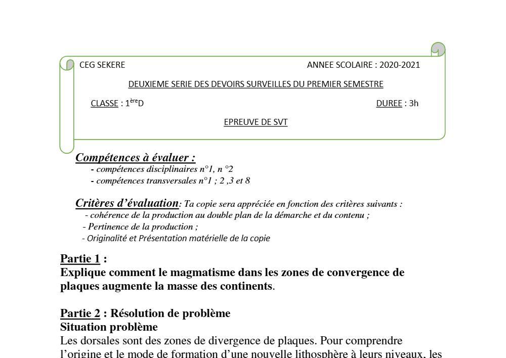 Aperçu de la première page — SVT 1ère D Devoir 2 Semestre 1 CEG Sékéré (Borgou) 2020 2021