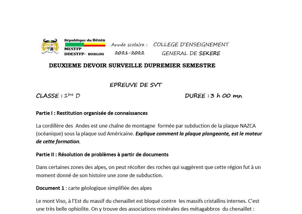 Aperçu de la première page — SVT 1ère D Devoir 2 Semestre 1 CEG Sékéré (Borgou) 2021 2022
