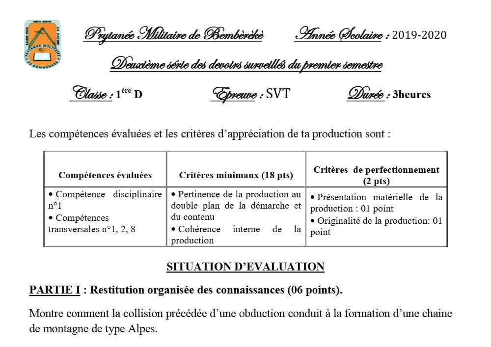 Aperçu de la première page — SVT 1ère D Devoir 2 Semestre 1 Prytanée Militaire (Bembèrèkè) 2019 2020