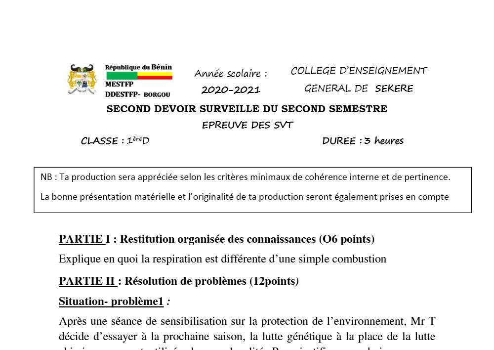 Aperçu de la première page — SVT 1ère D Devoir 2 Semestre 2 CEG Sékéré (Borgou) 2020 2021