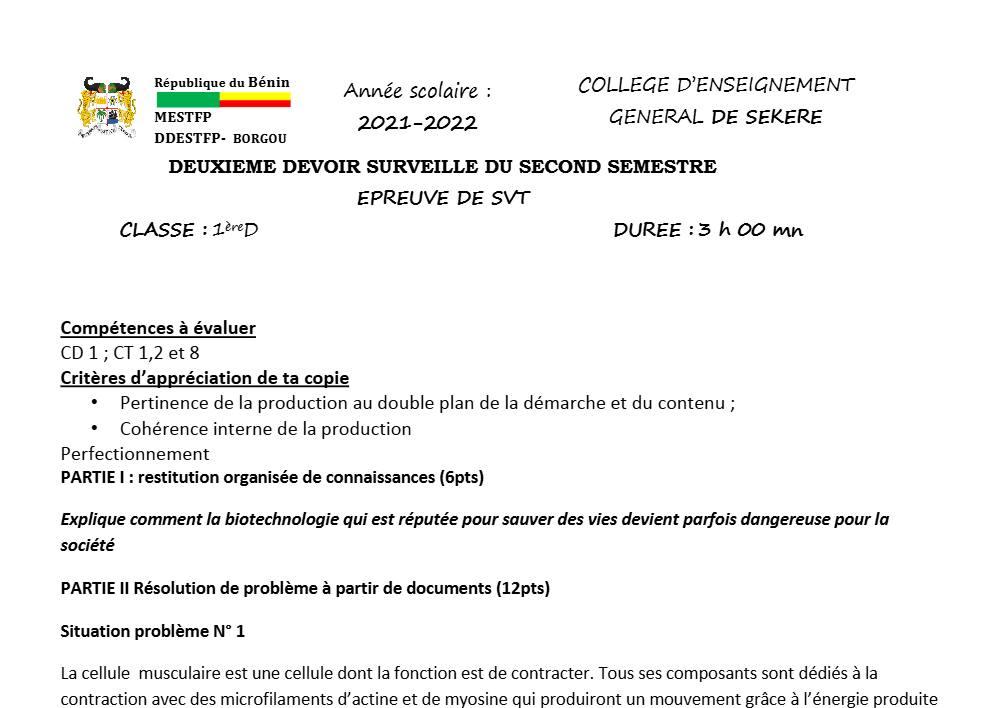 Aperçu de la première page — SVT 1ère D Devoir 2 Semestre 2 CEG Sékéré (Borgou) 2021 2022