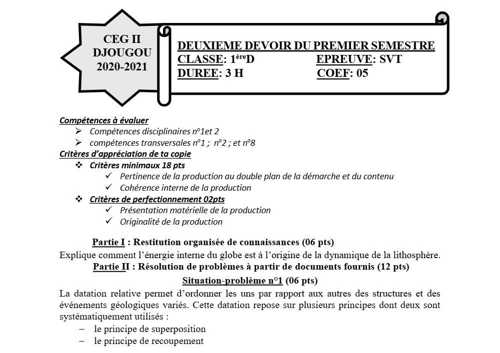 Aperçu de la première page — SVT 1ère D Devoir Surveillé (Février 2021) 2020 2021