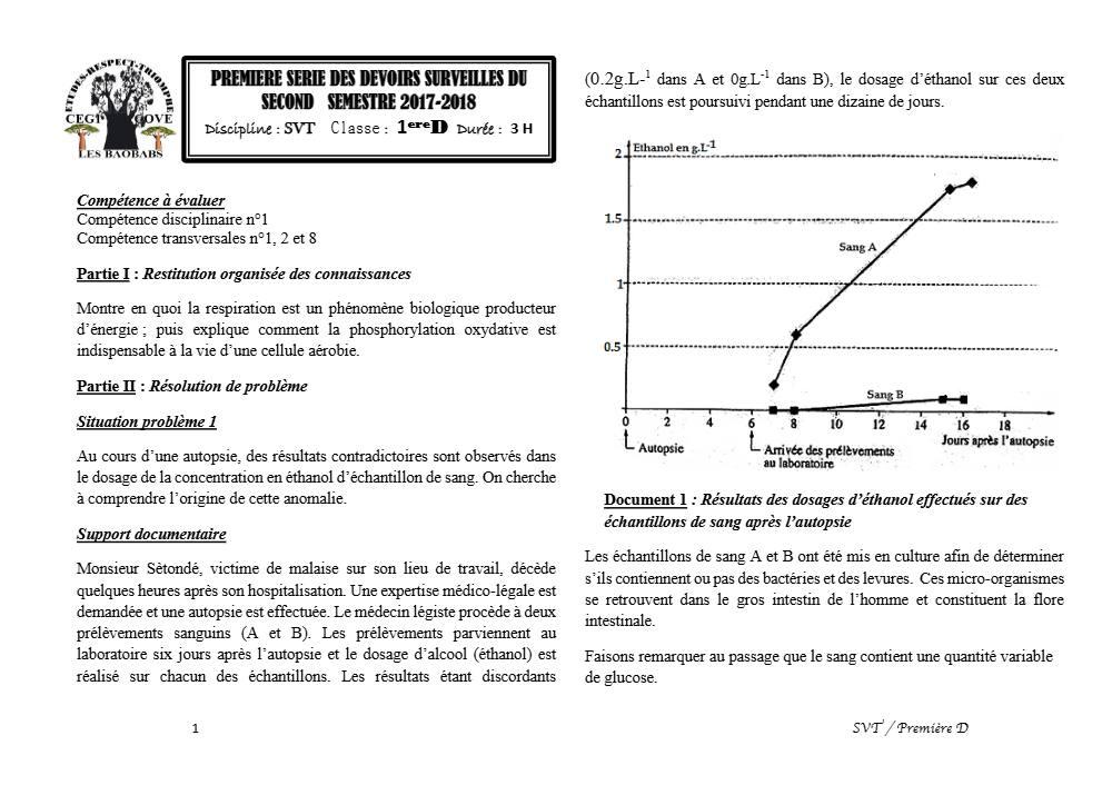 Aperçu de la première page — SVT 1ère D Devoir Surveillé (Mai 2018) 2017 2018