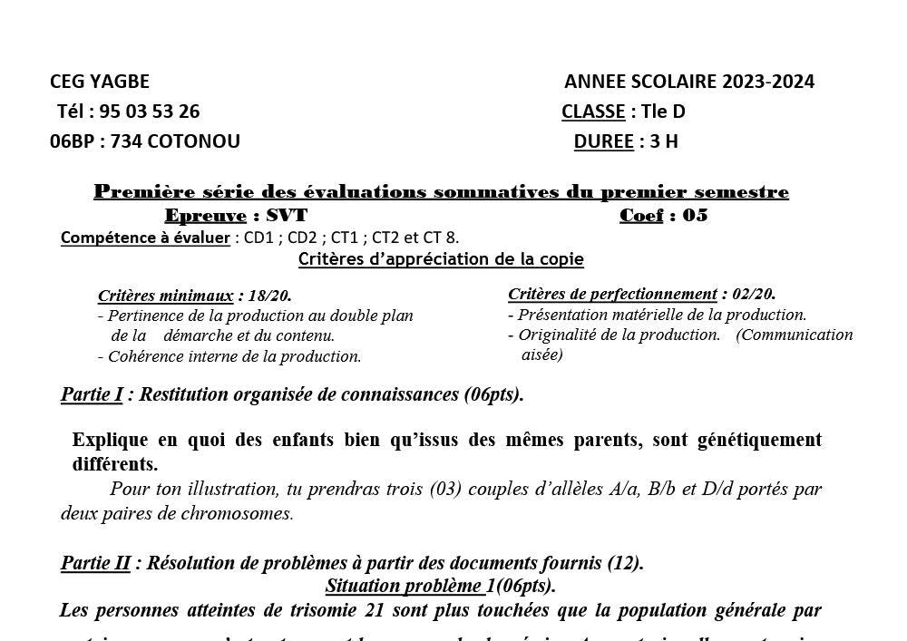 Aperçu de la première page — SVT TleD devoir premier semestre.