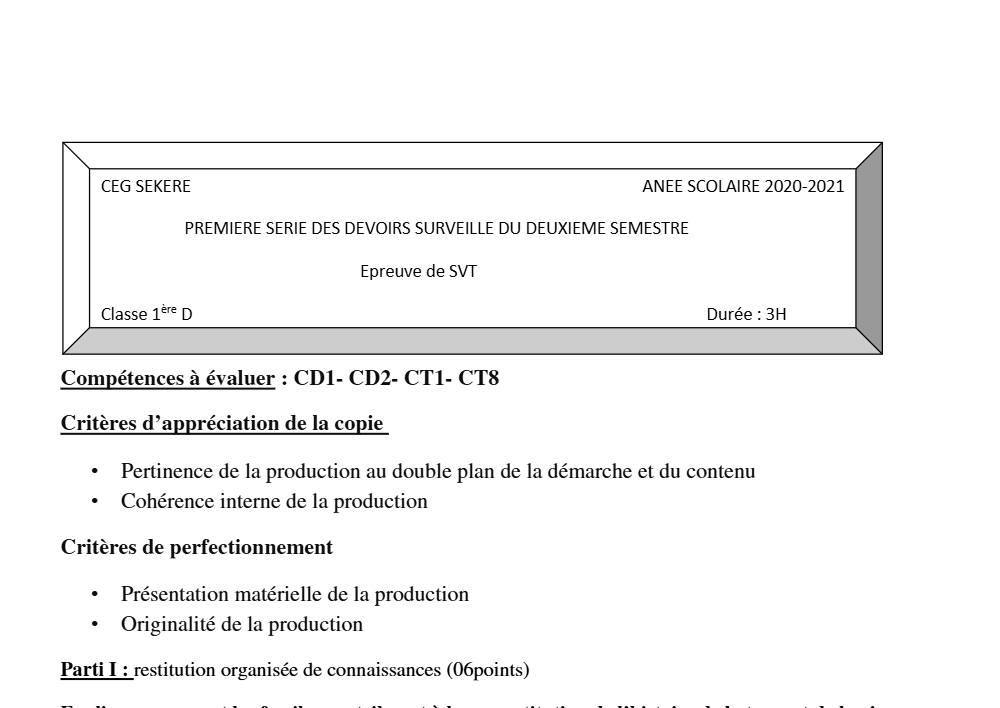 Aperçu de la première page — SVT 1ère D Devoir Surveillé (Mars 2021) CEG Sékéré (Borgou) 2020 2021