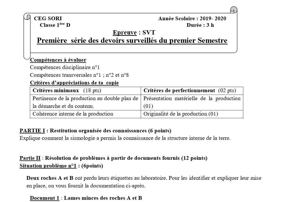 Aperçu de la première page — SVT 1ère D Devoir Surveillé (Novembre 2019) 2019 2020