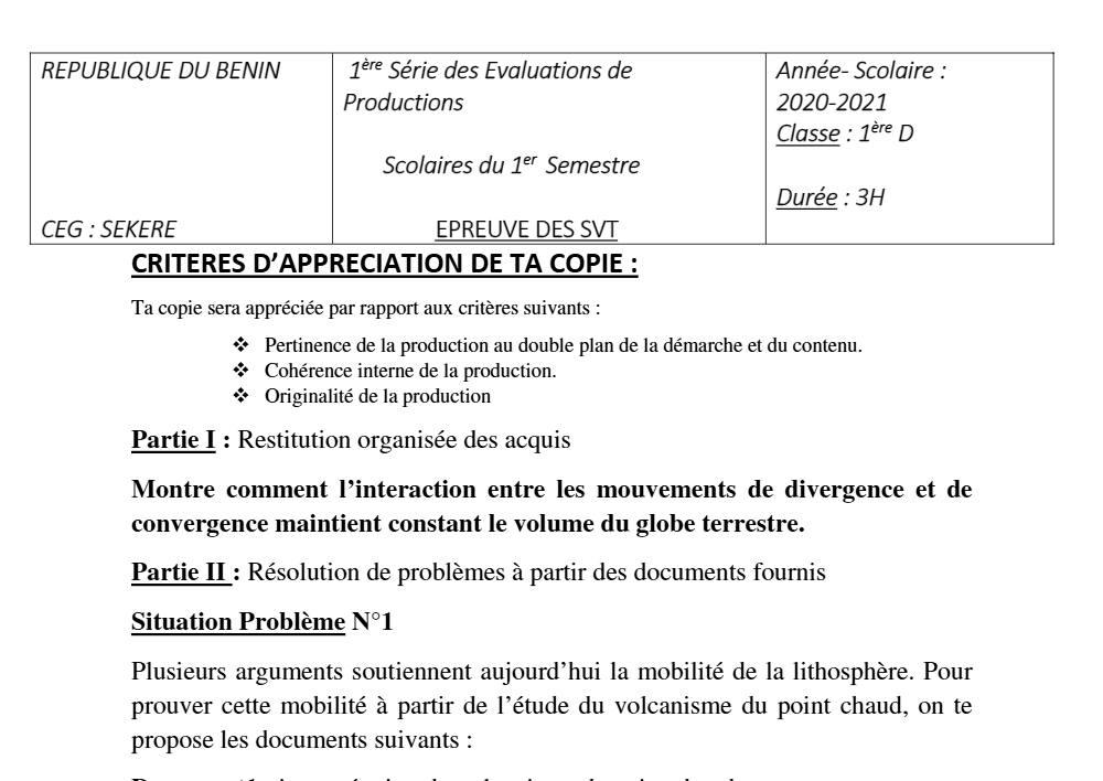Aperçu de la première page — SVT 1ère D Production Scolaire 1 Semestre 1 CEG Sékéré (Borgou) 2020 2021