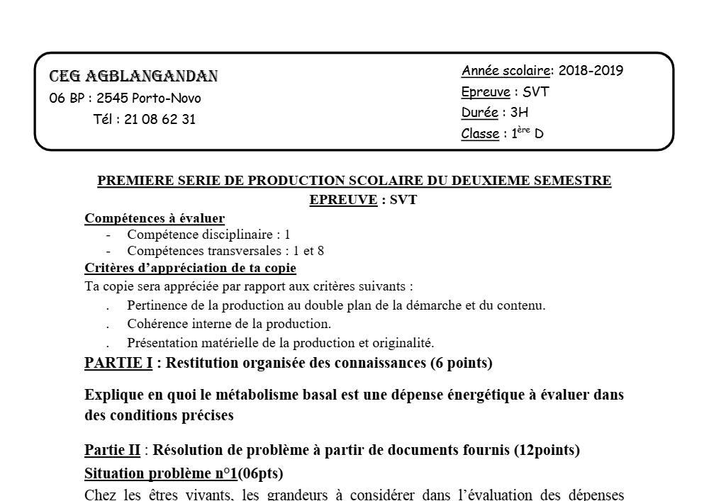 Aperçu de la première page — SVT 1ère D Production Scolaire 1 Semestre 2 2018 2019