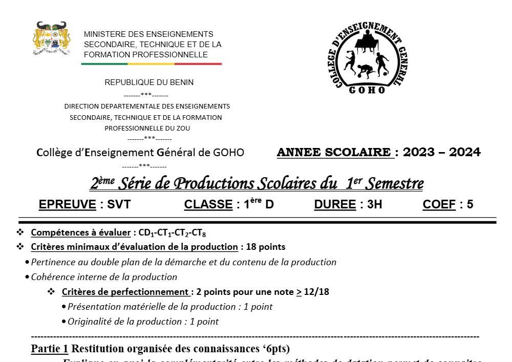 Aperçu de la première page — SVT 1ère D Production Scolaire 2 Semestre 1 CEG Goho (Abomey) 2023 2024