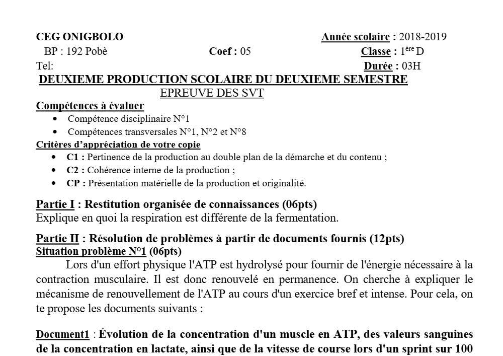 Aperçu de la première page — SVT 1ère D Production Scolaire 2 Semestre 2 CEG Onigbolo (Pobè) 2018 2019