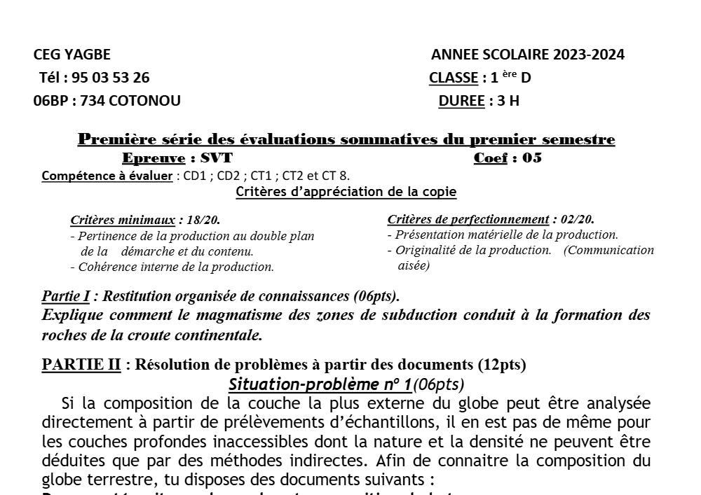 Aperçu de la première page — SVT 1ère D Évaluation 1 Semestre 1 CEG Yagbé (Cotonou) 2023 2024