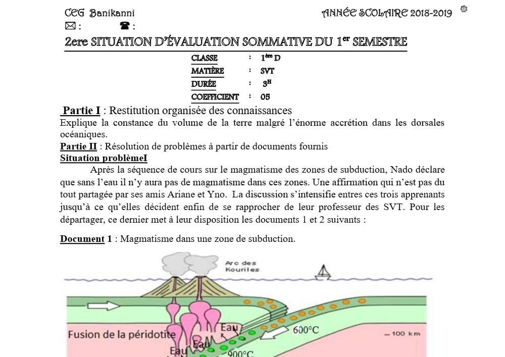 Aperçu de la première page — SVT 1ère D Évaluation 2 Semestre 1 CEG Banikanni (Parakou) 2018 2019