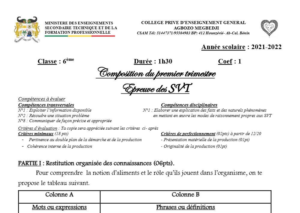 Aperçu de la première page — SVT Compilation Composition Trimestre 1 CPEG Agbozo Mégbédji (Abomey Calavi) 2021 2022