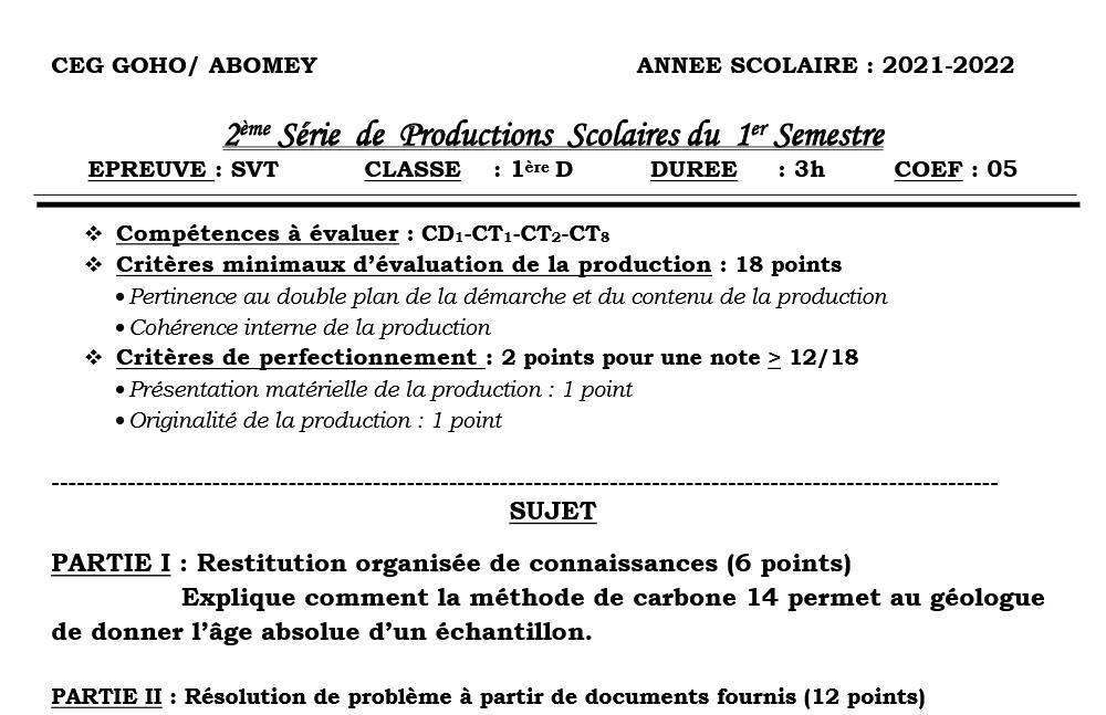 Aperçu de la première page — 1ere D - 2ème Devoir du 1er semestre - SVT Goho