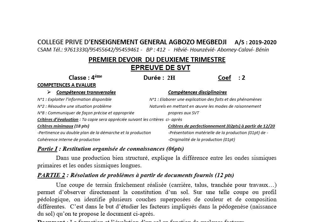 Aperçu de la première page — SVT Compilation Devoir 1 Trimestre 2 CPEG Agbozo Mégbédji (Abomey Calavi) 2019 2020